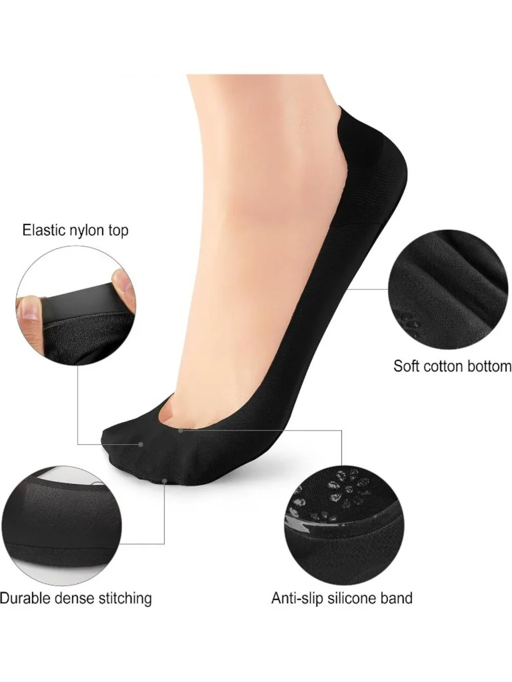 🧦Women's Black 3 Pcs No Show Socks Liner Ultra Low Cut Non Slip Socks for Flats